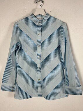 Vintage Alice Stuart Womens Blue Chevron Stripe Button-Up Shirt Mandarin Collar